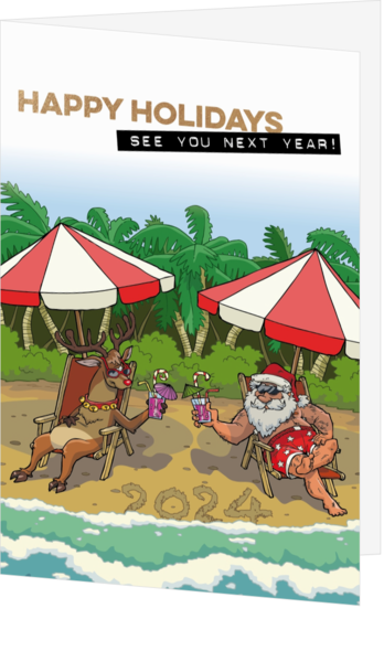 Carte de Vœux - Le Père Noël et le renne sur la plage