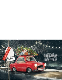 Kerstkaart   Kerstman in retro autootje Achterkant/Voorkant
